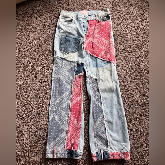 REVICE Patchwork Straight Leg Jeans with Red and Blue Patterns - Picture 1 of 7